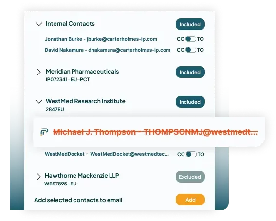 The Paradocket legal contact plugin screen with multiple contacts, including internal contacts, and a highlighted email address in red, with an orange 'Add' button at the bottom.