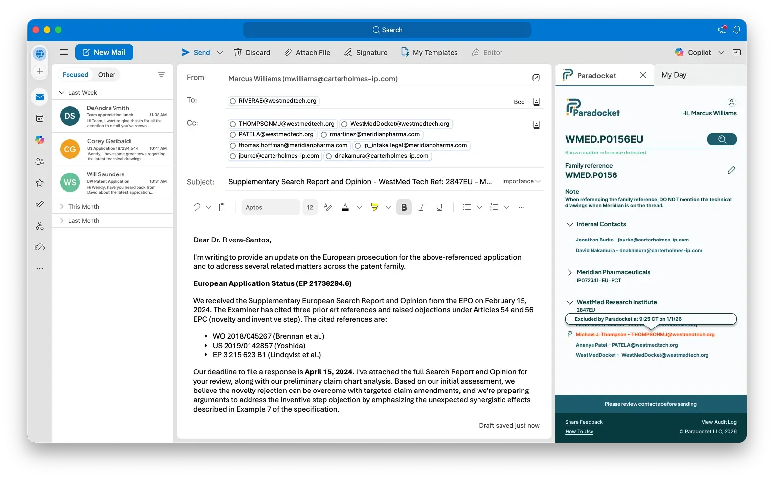 Screenshot of Microsoft Outlook email client showing an email message to multiple recipients regarding a patent prosecution, with the Paradocket plugin on the right side.