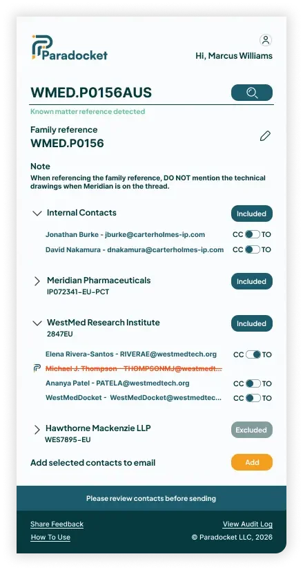 A screen showing the Paradocket legal contact management plugin with details for contacts, with options to include, exclude, or add contacts, and an email review prompt at the bottom.