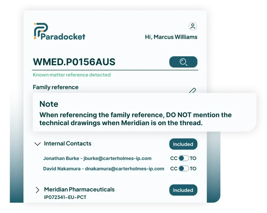 A screen showing the Paradocket legal contact plugin highlighting the ability to leave notes on legal matters for other coworkers. The screen lists internal contacts with email addresses and toggles to help manage contacts.
