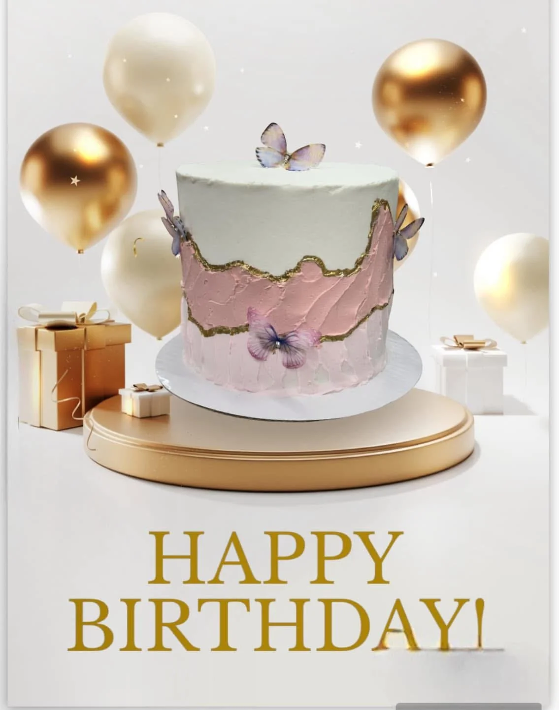 A birthday cake with white and pink frosting decorated with butterflies, set on a gold platform. Gold and white balloons float around, with gift boxes in the background. The text 'HAPPY BIRTHDAY' is written in gold at the bottom.