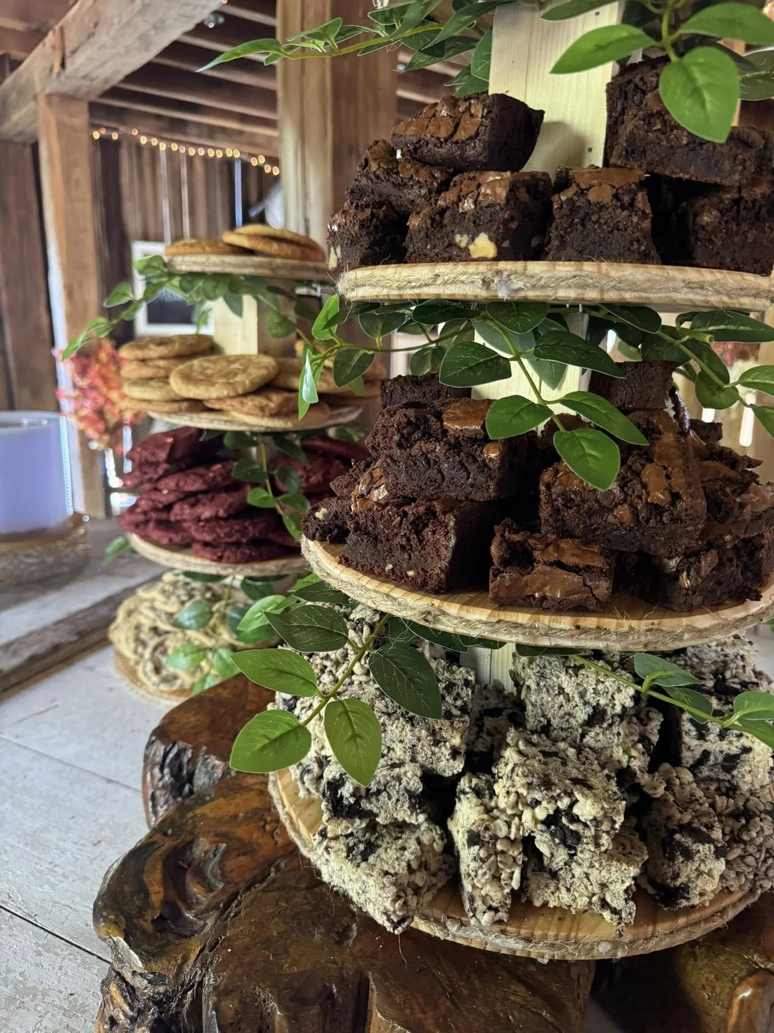 Stacked wood slices with bark and green leaves in a rustic setting.