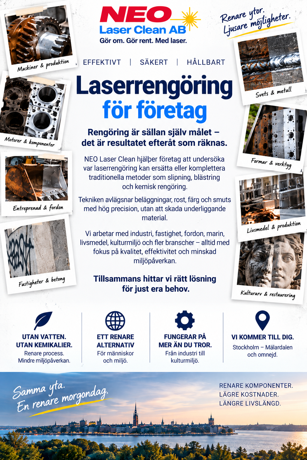 En broschyr från NEO Laser Clean AB som marknadsför laser rengöring för företag. Den visar bilder på metallbearbetning, motorer, fordon, betong, kulturarv och restaurering samt utsikt över Stockholm.