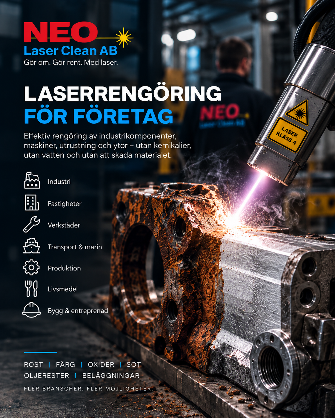 En industriell arbetsplats där en laser används för rengöring av en metallkomponent samt en person i bakgrunden med en logo på jackan som säger NEO. Texten på bilden hänvisar till laserrengöring för företag och dess applikationer inom industri, fastigheter, verkstäder, transport, produktion, livsmedel samt bygg och entreprenad.