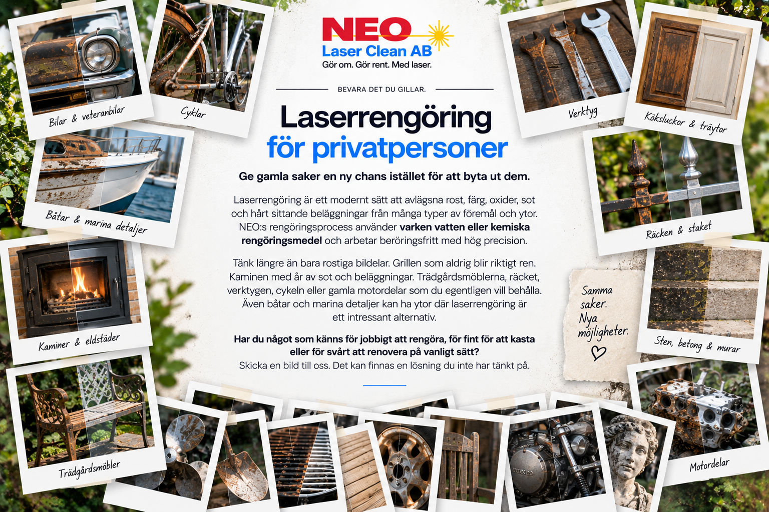 Annons för NEO Laser Clean AB som erbjuder laserrengöring för privatpersoner, med bilder av gamla eller rostiga saker som bilar, cyklar, båtar, kaminer, trädgårdsmöbler, metallstaket, stenar, motorer, statyer och rostiga detaljer.