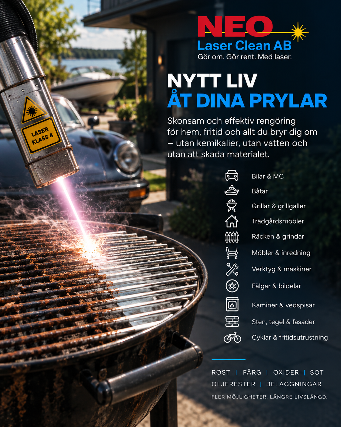 Laserrengöring av grillgaller för att avlägsna fastbrända beläggningar och smuts.