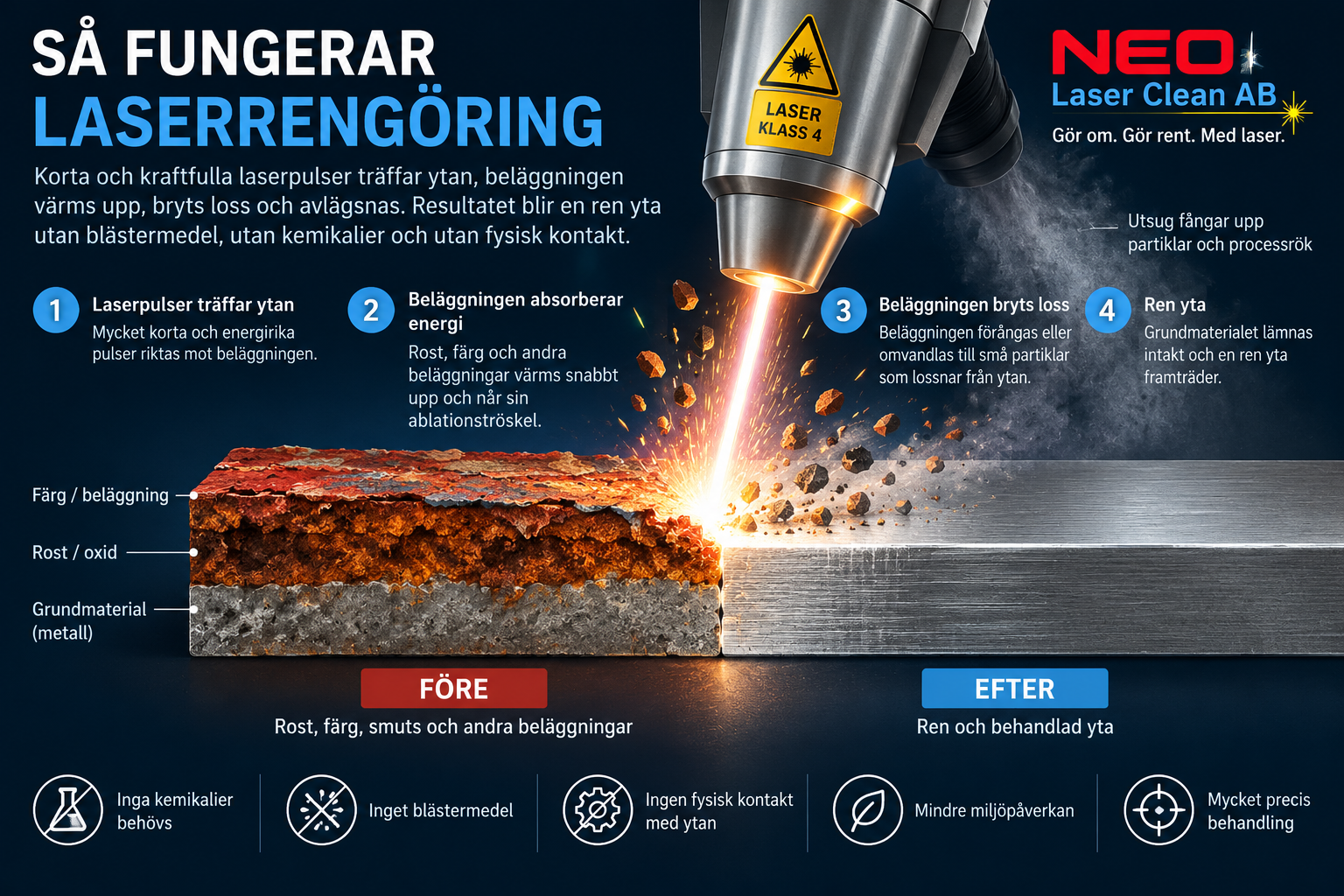 Diagram som visar hur laserrengöring fungerar. Det visar ett metallbitar med färg, rost och grundmaterial innan rengöring, och efter rengöring är ytan ren och behandlad. Text förklarar laserpulser, beläggning och ren yta, samt för- och nackdelar med metoden.