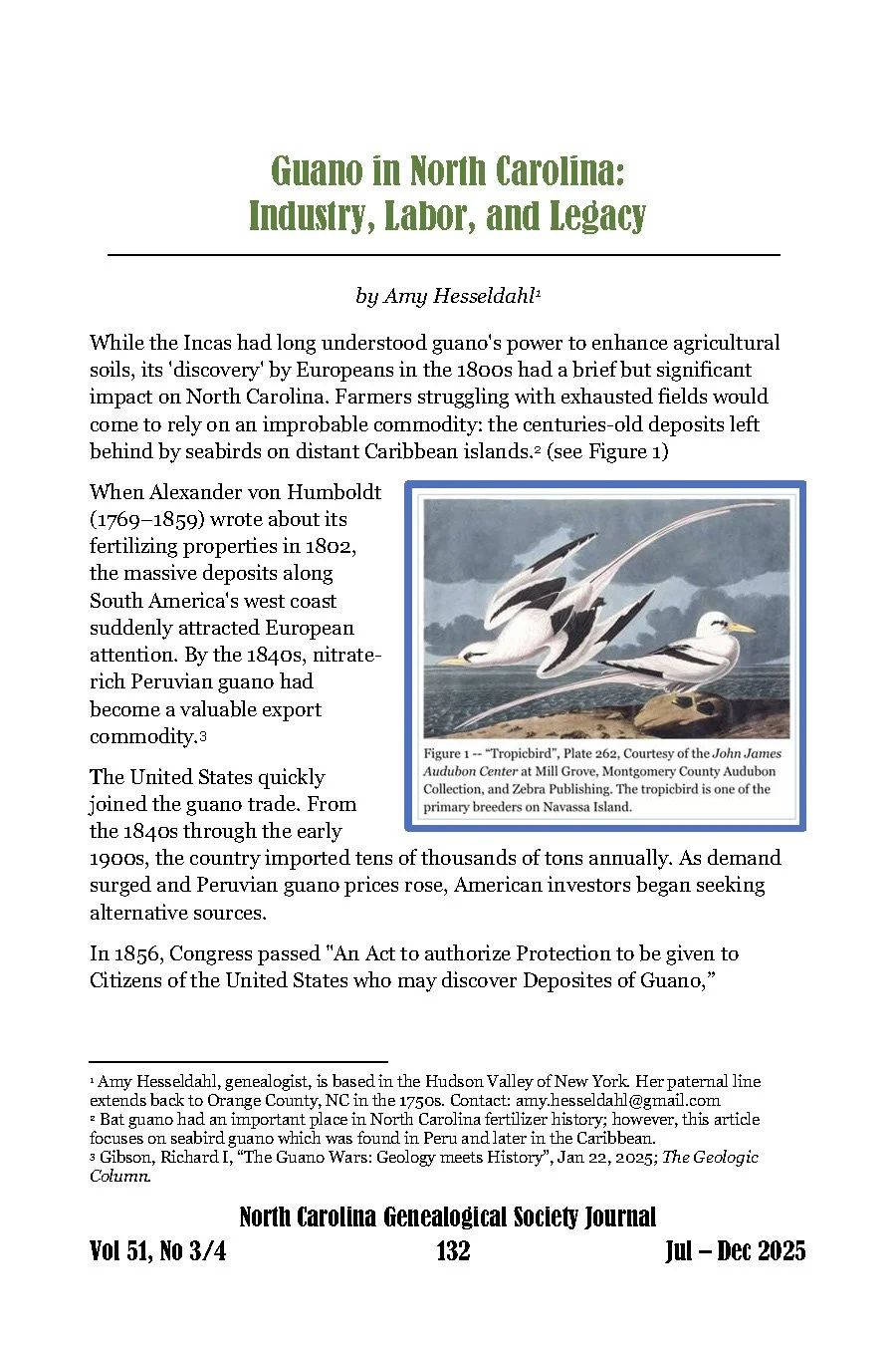 Image of page 1 of the article "Guano in North Carolina: Industry, Labor, and Legacy" – genealogy research. © Butterworth Research