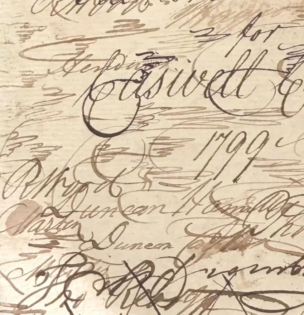 An aged paper covered in layers of ornate scripted cursive handwriting – genealogy research. © Butterworth Research