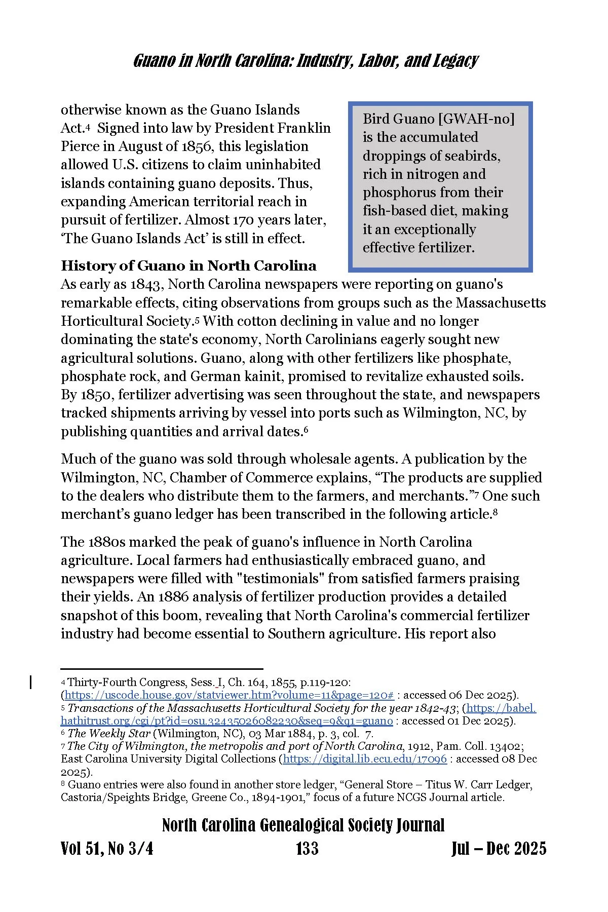 Image of page 2 of the article "Guano in North Carolina: Industry, Labor, and Legacy" – genealogy research. © Butterworth Research