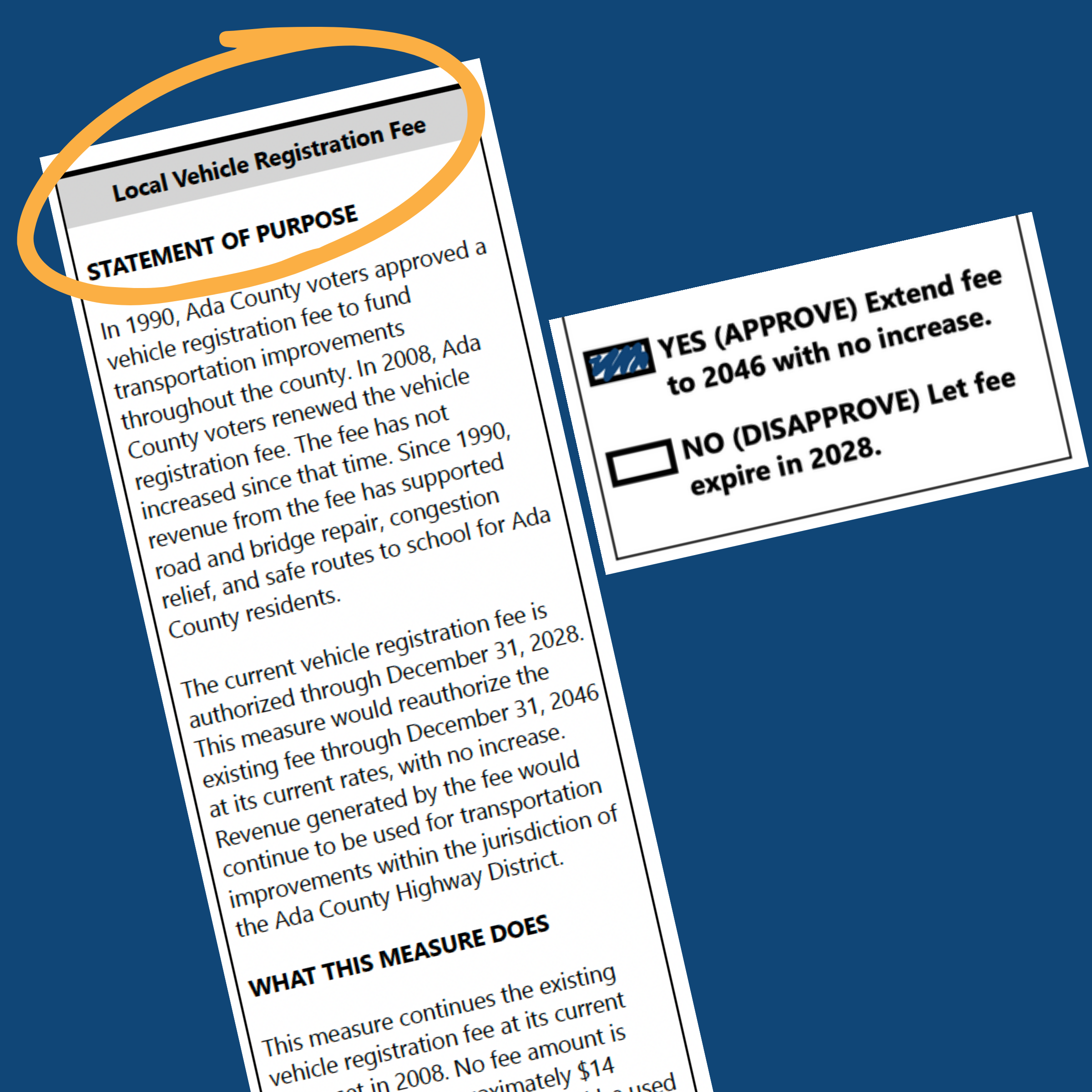 Close-up of a document about local vehicle registration fees, with checkboxes for approval or disapproval, and a section titled statement of purpose, on a dark blue background.