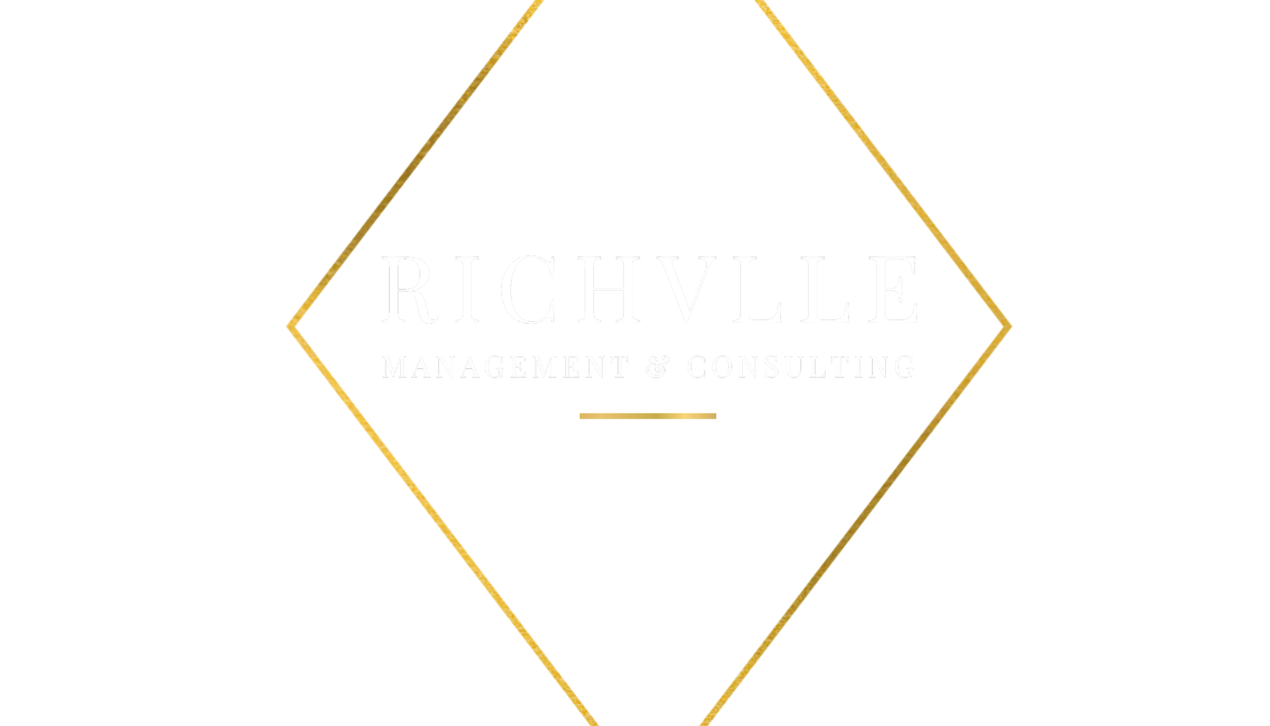 Logo for Richville Management & Consulting with a transparent background, gold diamond outline, and white text.