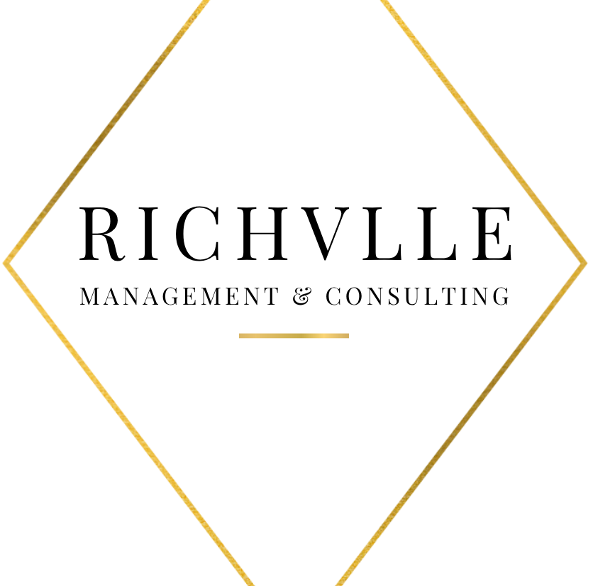 Logo for Richville Management & Consulting with a transparent background, gold diamond outline, and black text