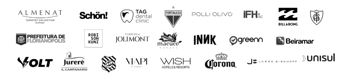 Logos de marcas de diversos segmentos que já tiveram suas experiencias, projetos, campanhas criados pela high stage. Dentre elas times de futebol, instituições públicas, marcas de moda, bancos, revistas, redes de hotéis e ramos alimentícios