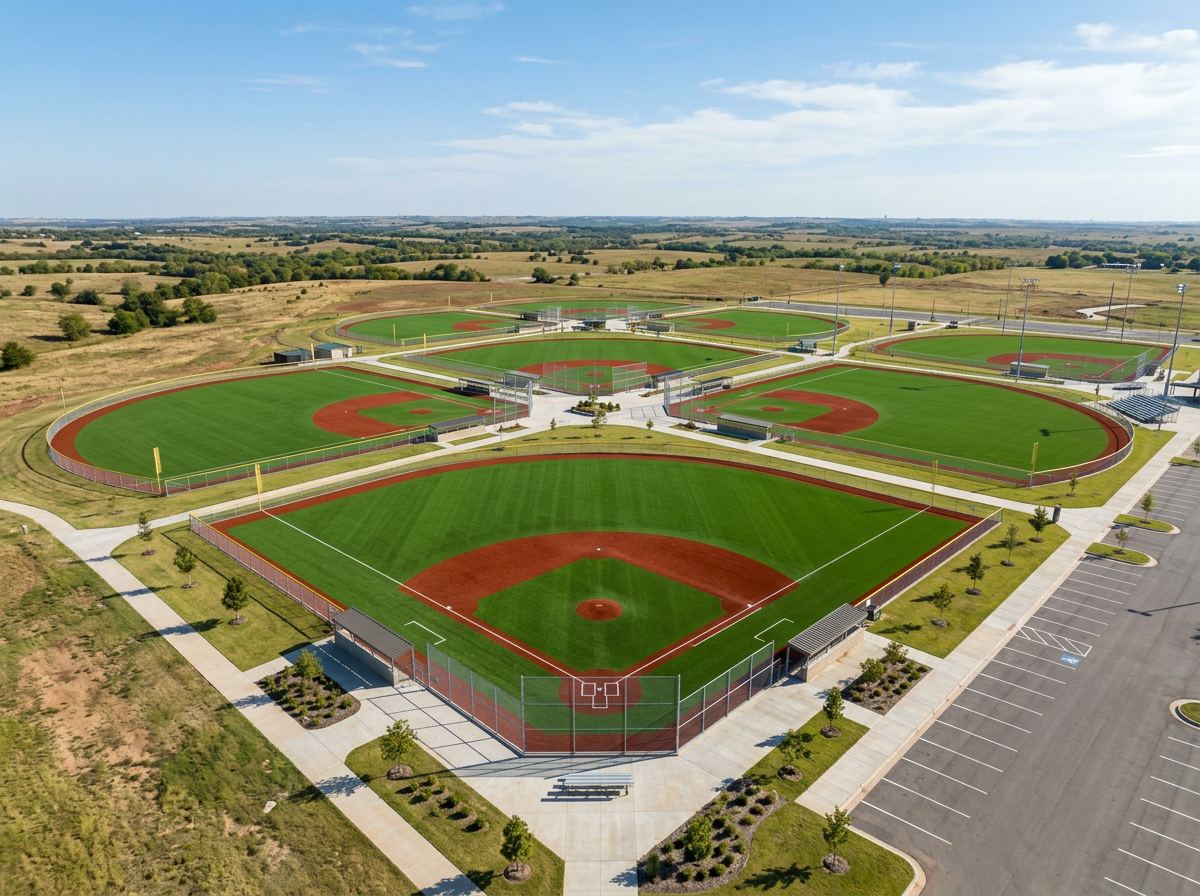 Representative synthetic turf baseball and softball complex in Oklahoma