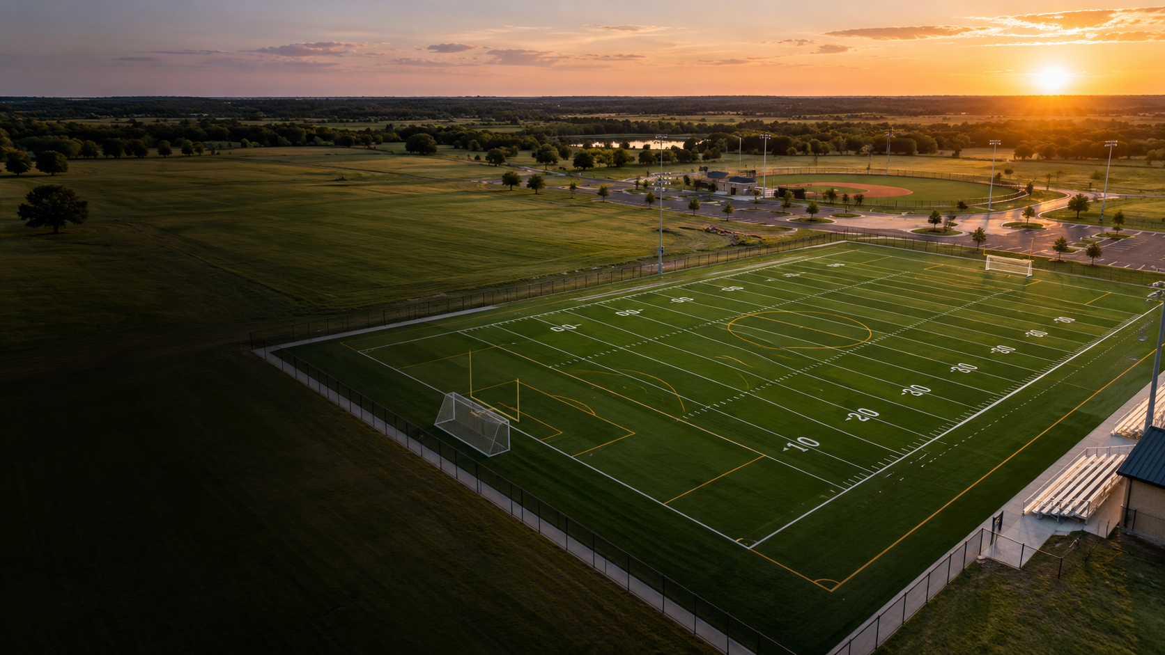Representative rendering of a multi-sport synthetic turf athletic field in Oklahoma at sunset