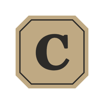 A company logo as an octagonal shape of a cornerstone with a golden background and a black letter 'C' in the center.