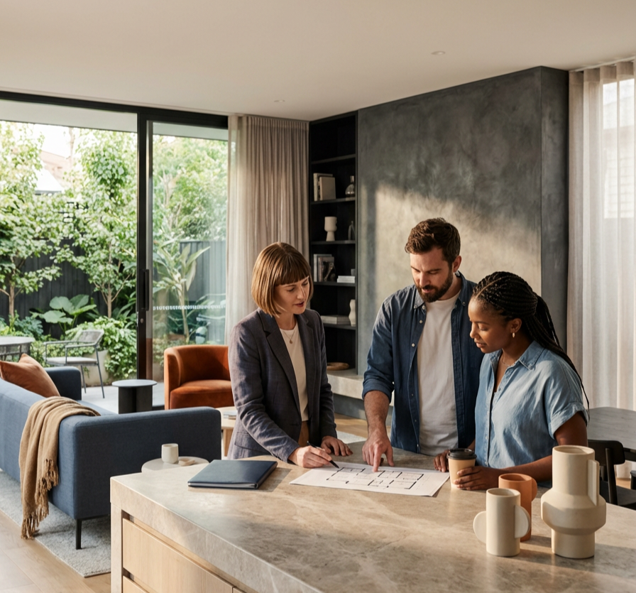 Three people review property documents together in a modern, well-lit kitchen with sliding glass doors leading to a garden.