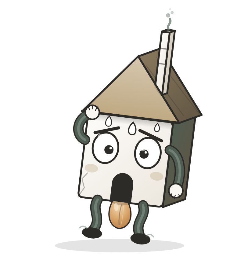 A cartoon illustration of a distressed house with a worried expression, sweating, tongue sticking out and holding its head with its hands. The house has a slanted roof, chimney, and a door with a handle.
