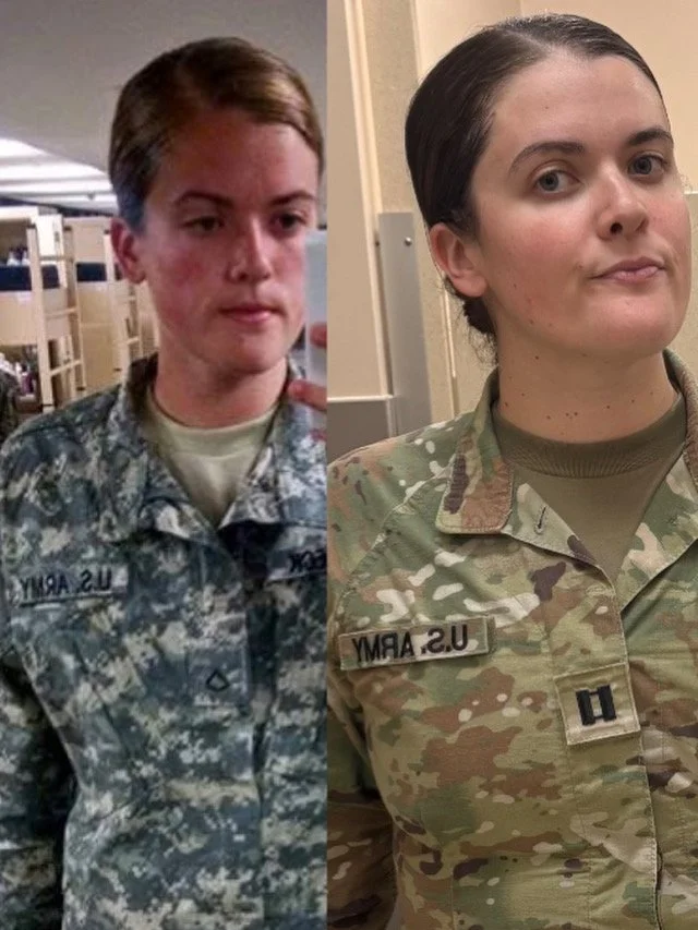 Side-by-side comparison of a woman in military uniform before and after skincare, showing improved skin condition.