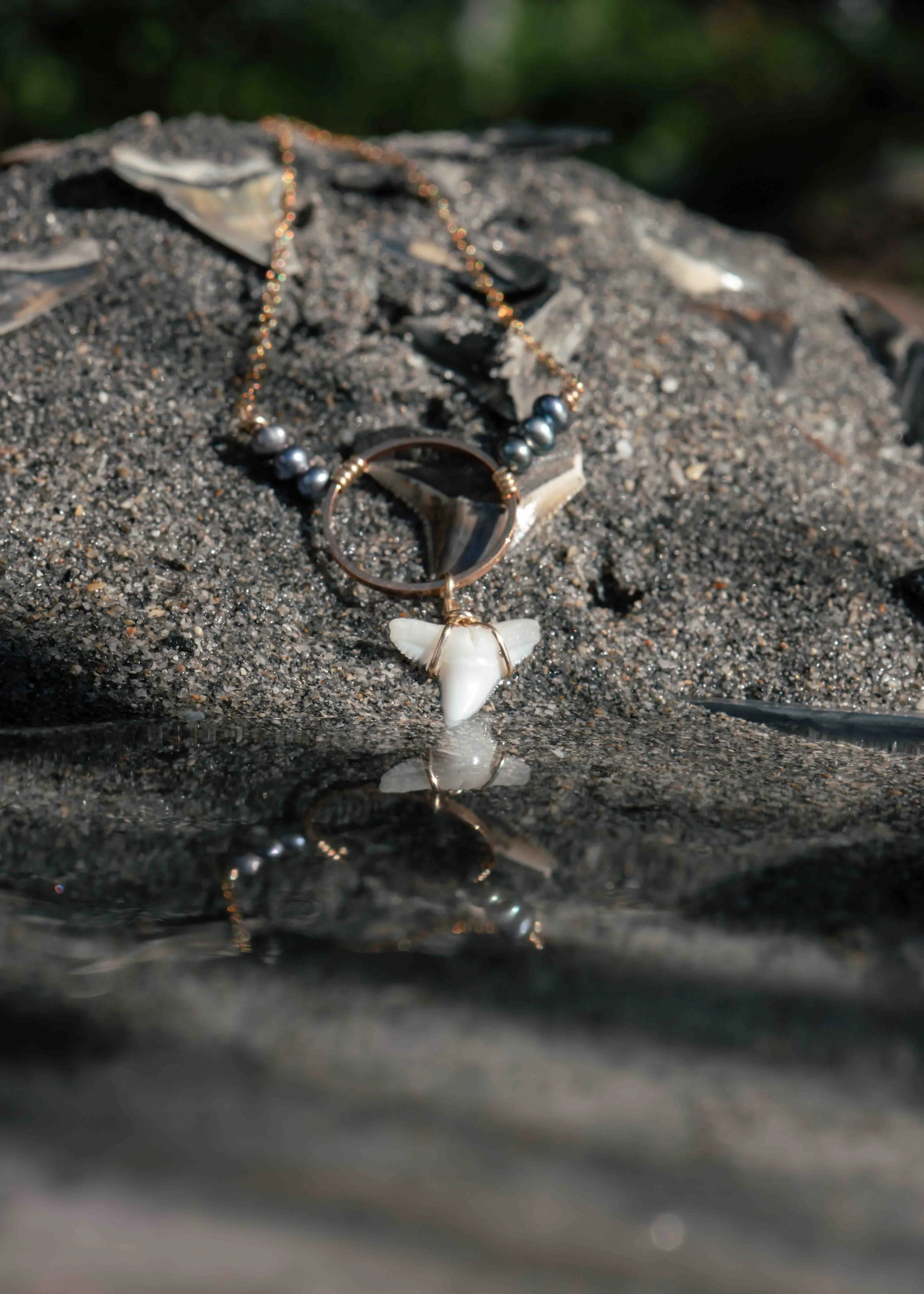 A necklace with beads and a seashell pendant lying on a rough rock surface, with the necklace's reflection visible below.