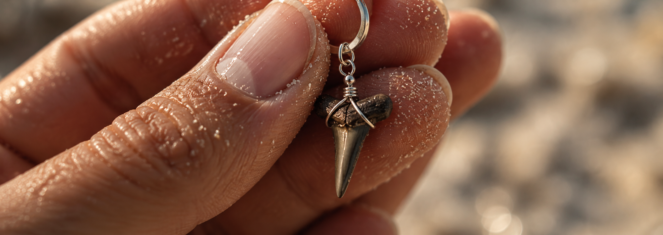Close-up of a hand holding a silver jewelry piece with a small carved whale tooth pendant, with sandy fingers and blurred background.