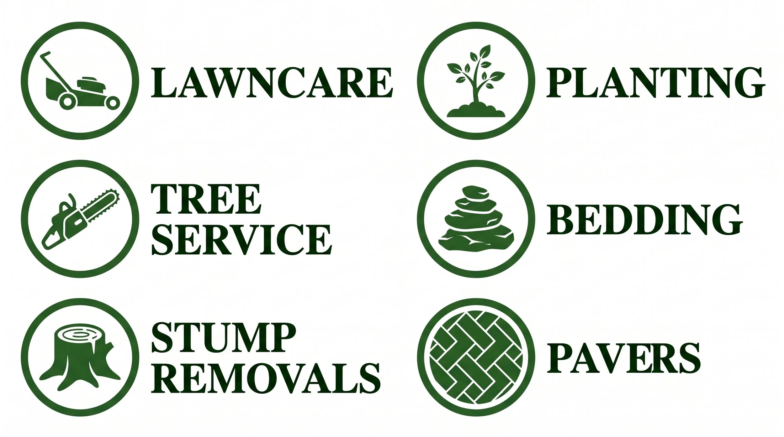 Green icons and text representing lawn care, planting, tree service, bedding, stump removal, pavers, and mulch.