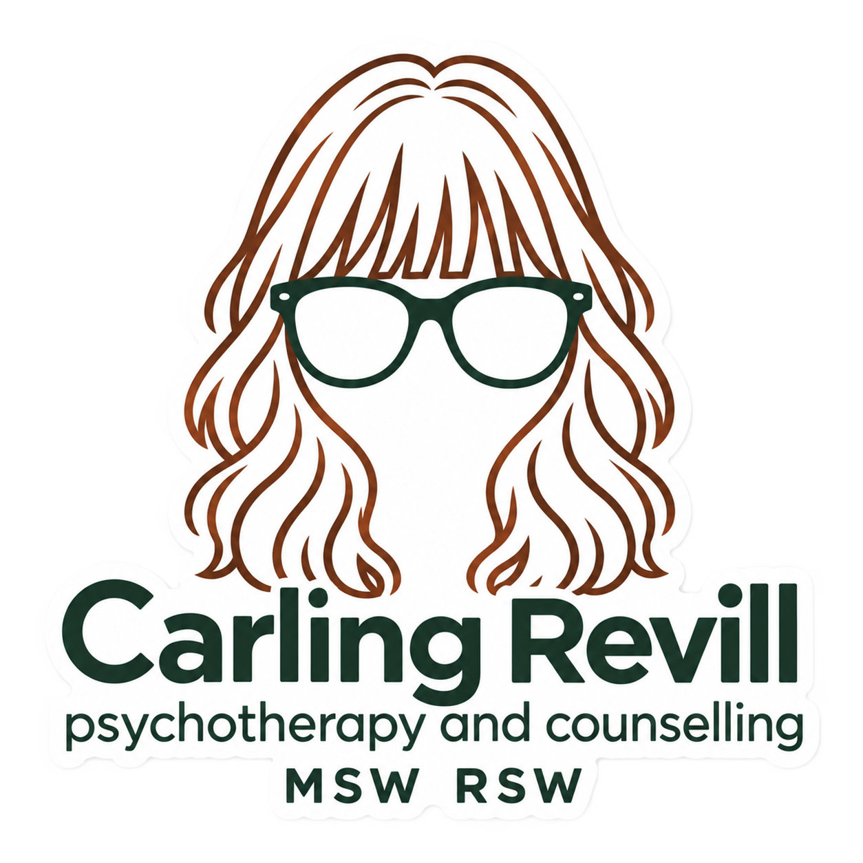 Logo for Carling Revill psychotherapy and counselling, featuring a stylized illustration of a woman with wavy hair and glasses, and text indicating she is a social worker (MSW RSW).