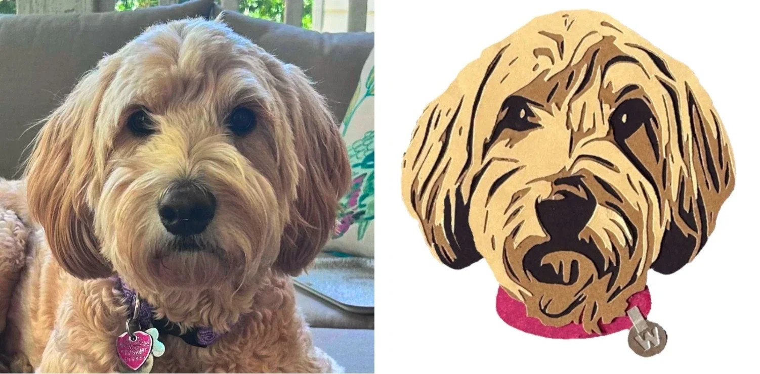 Custom Pet Portrait Original dog photograph on the left and the layered papercut version of the dog on the right