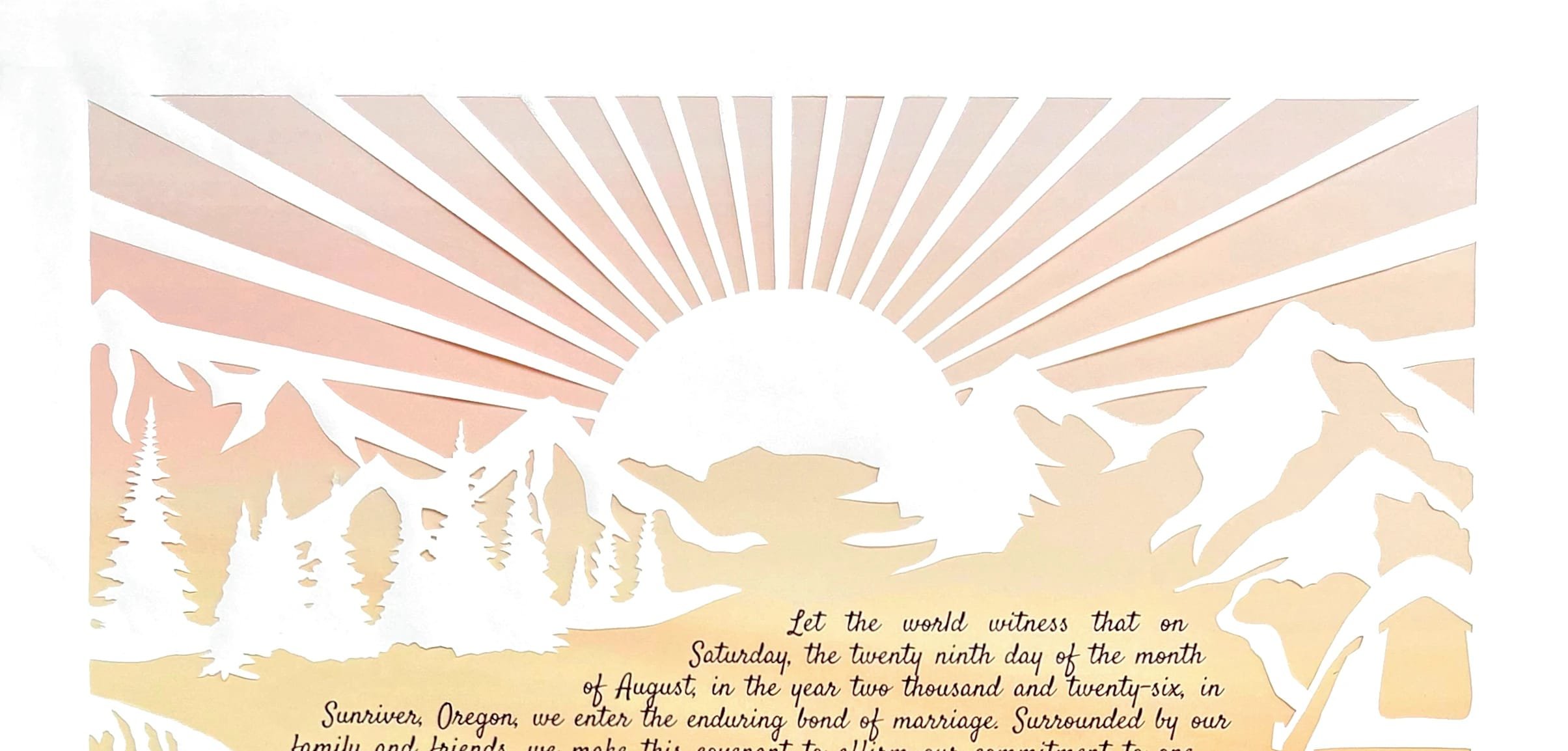 Papercut artwork showing a sunburst over a mountain range with just a small amount of ketubah text visible
