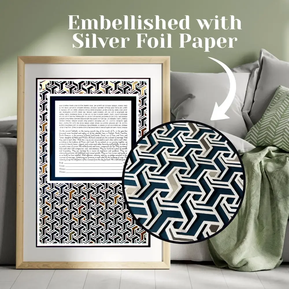 A close up of the silver accents added beneath the geometric pattern of this modern papercut ketubah.
