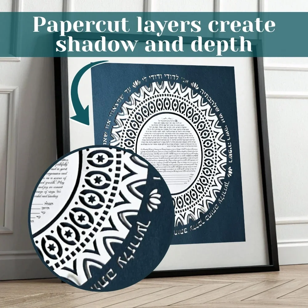 Circular paper cut-out mandala ketubah with intricate Star of David pattern frames text in Hebrew and English, conveying a formal, elegant, and cultural tone.