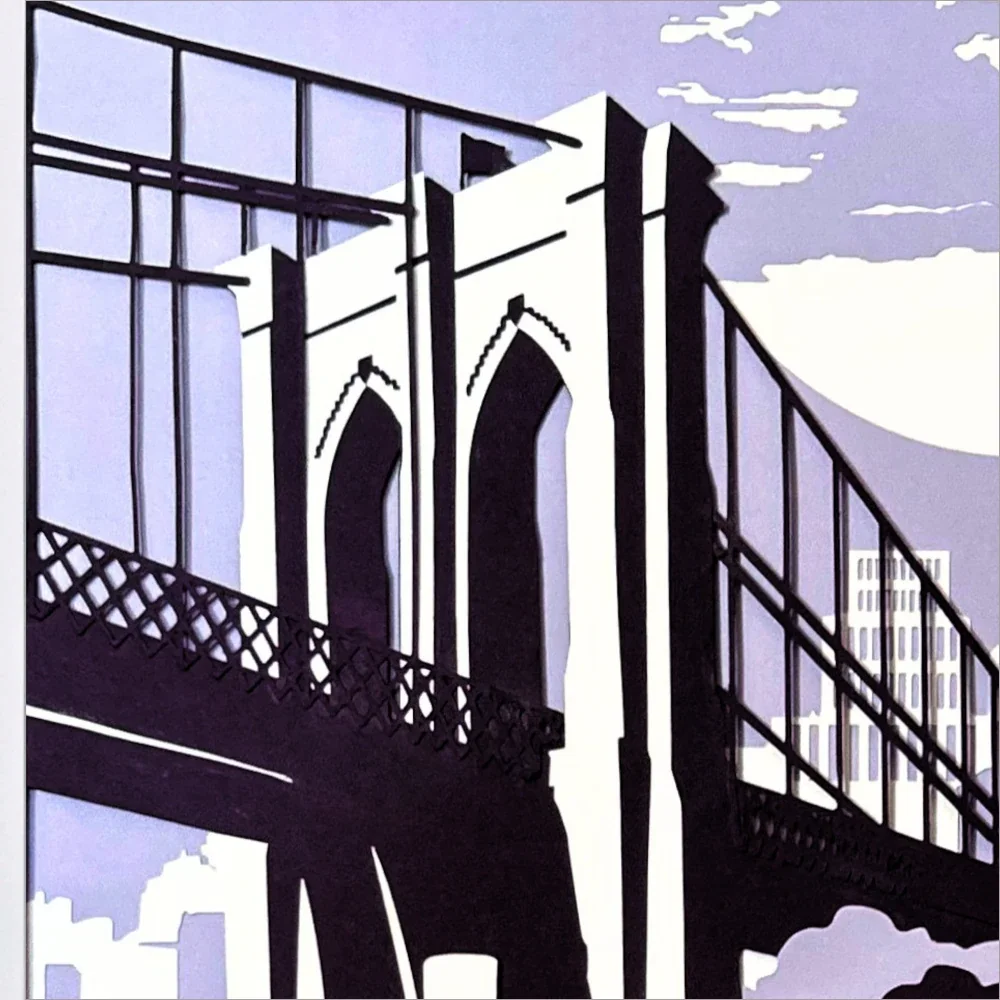 This is a close-up picture of the gothic arches of the Brooklyn Bridge, as well as the steel cables roping in an arc away from them.