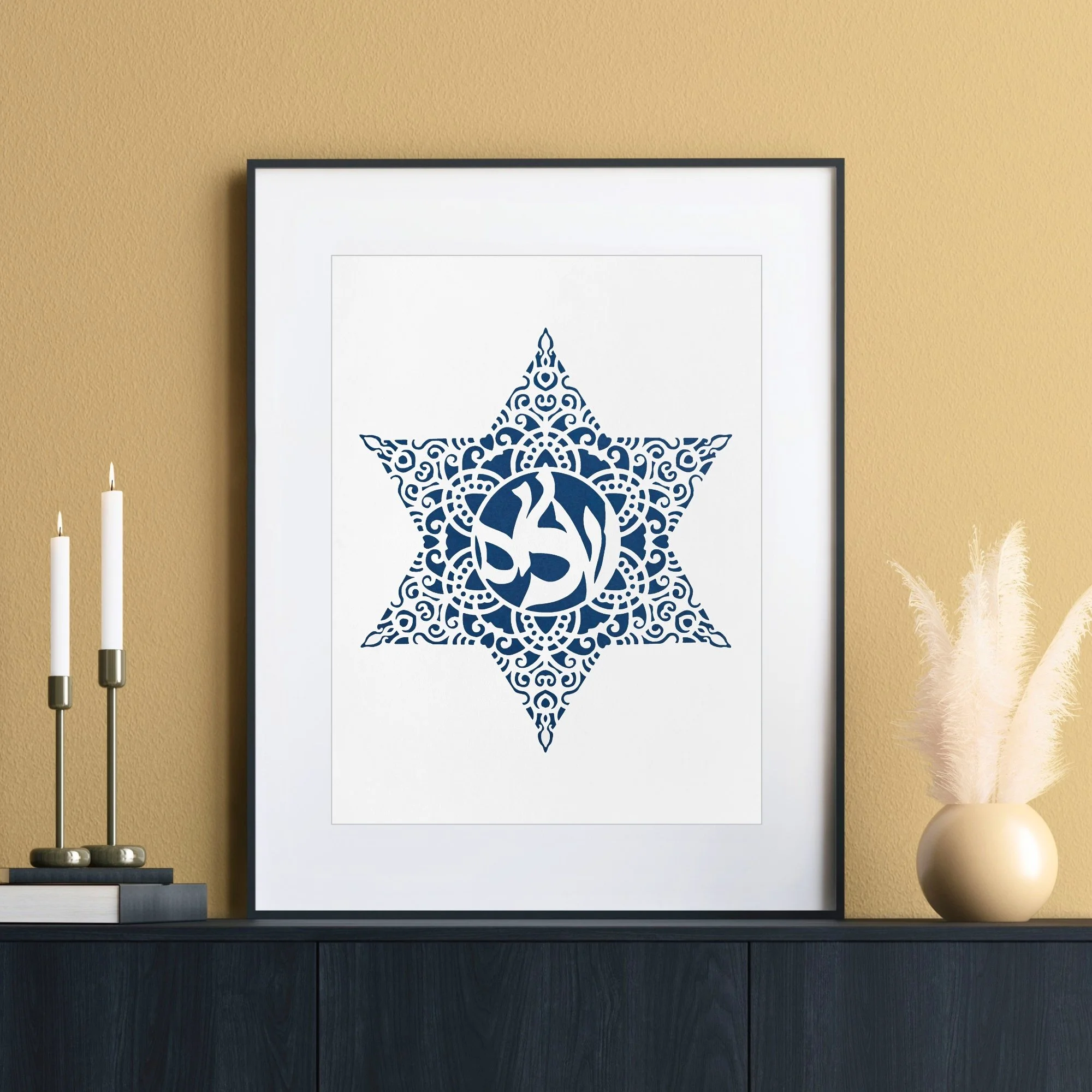 Shalom Star of David Papercut beside Shabbat candles
