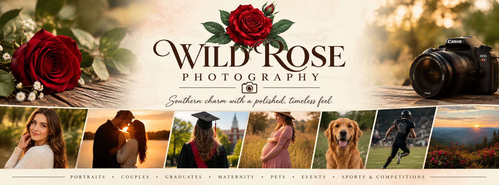 A promotional banner for Wild Rose Photography featuring a large red rose and camera on a wooden surface, with smaller photos of people, pets, and outdoor scenes at sunset, and text describing photography services for portraits, couples, graduates, maternity, pets, events, sports, and competitions.