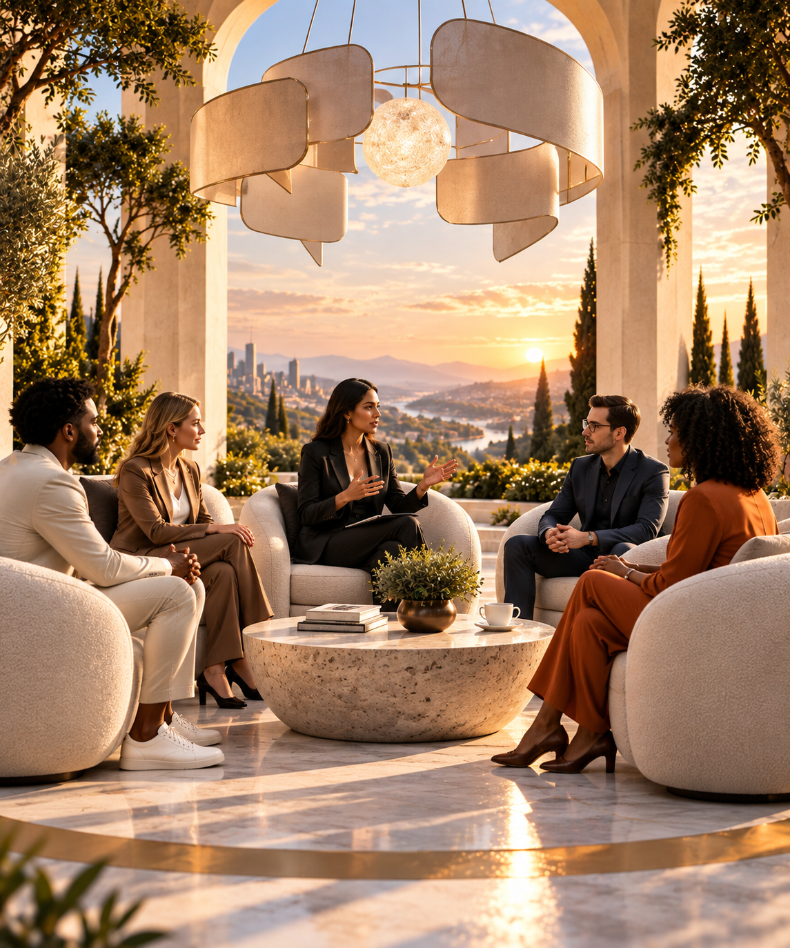 Conceptual image representing collaborative conversation, panels, interviews, and live events.