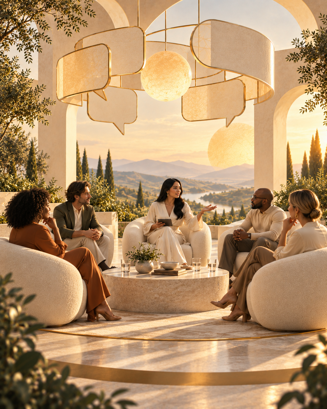 Conceptual image representing collaborative conversation, panels, interviews, and live events.