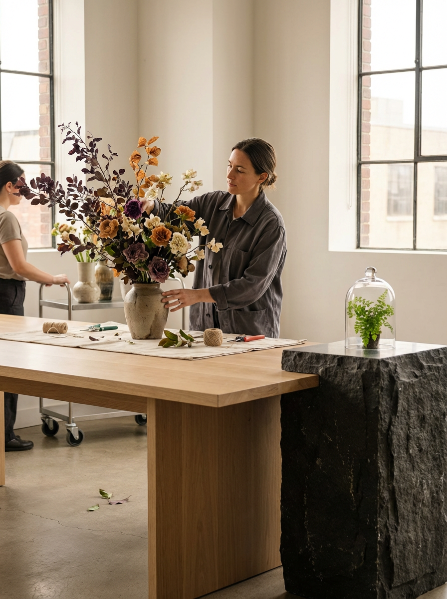Woman arranging a large flower arrangement in a beige vase on a wooden table, with another person working on a flower project in the background, in a bright studio with large windows.