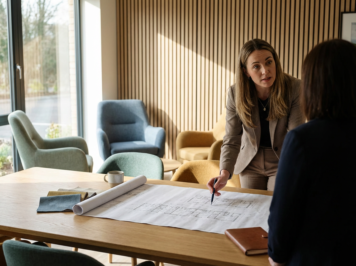 Two women discussing building plans in a modern office with a large table, various chairs, and natural light from large windows.