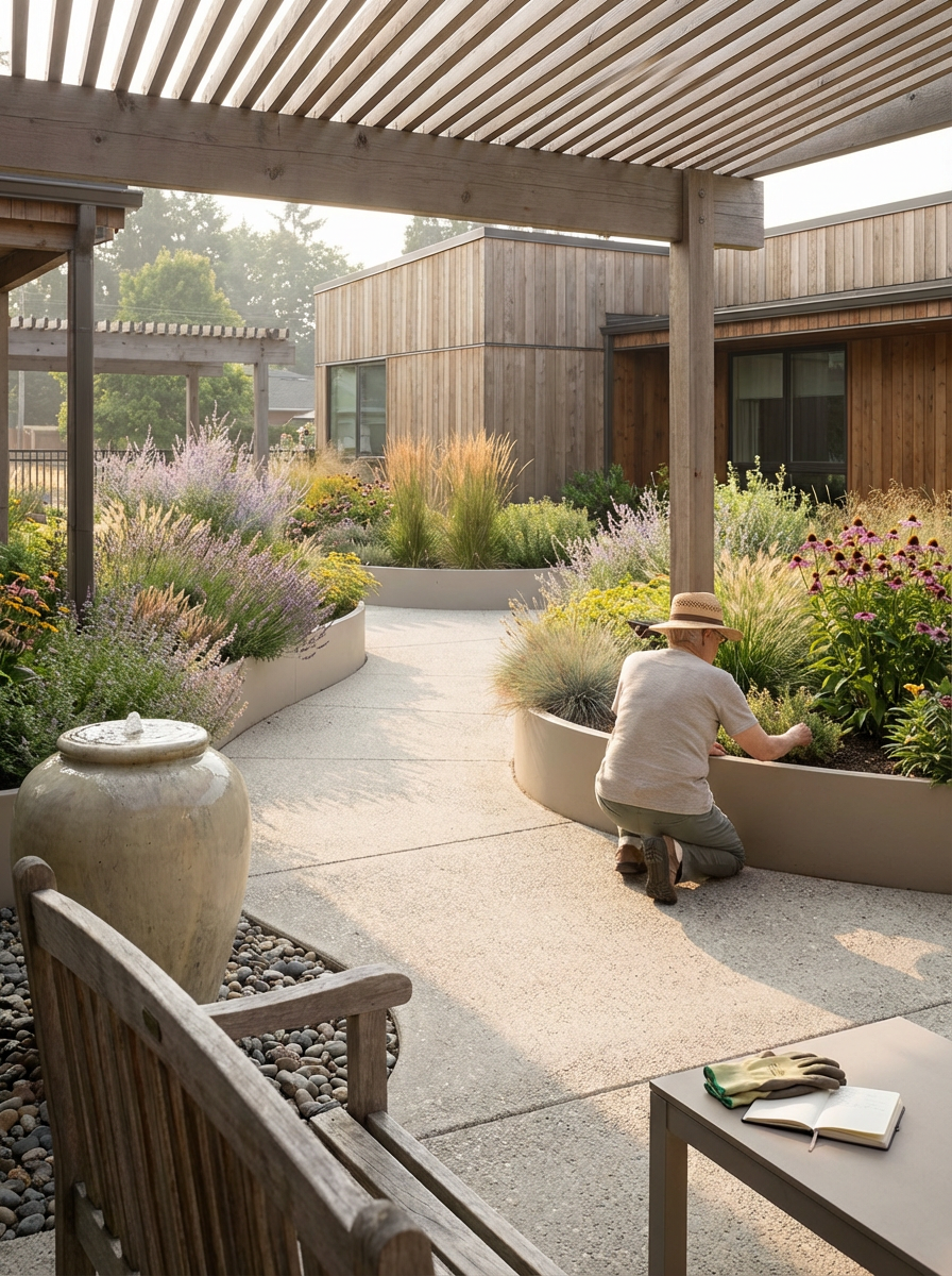 Person gardening on a patio with modern wooden buildings and lush flower beds.