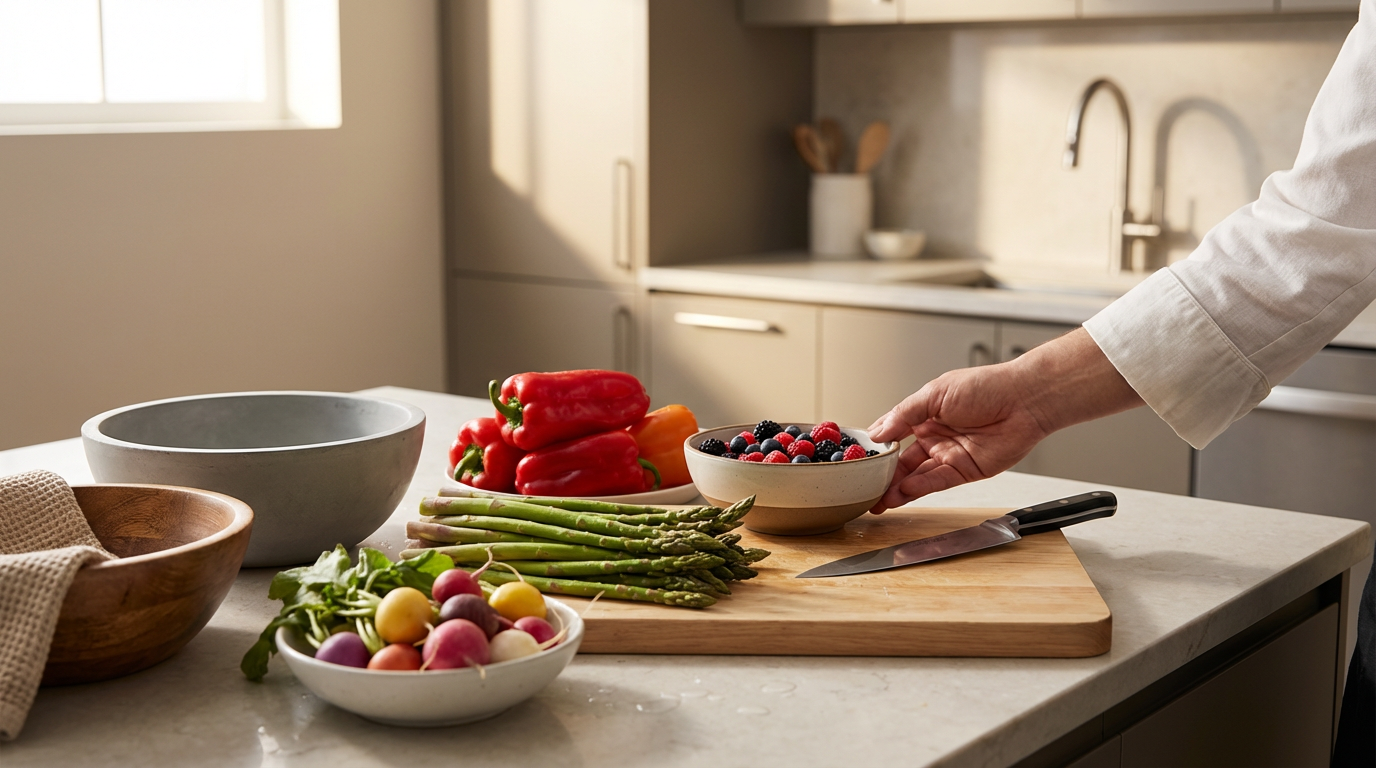 A person in a white shirt is preparing a bowl of mixed berries on a kitchen countertop. The countertop also has red peppers, asparagus, and a bowl of radishes. An empty bowl and a knife are nearby.