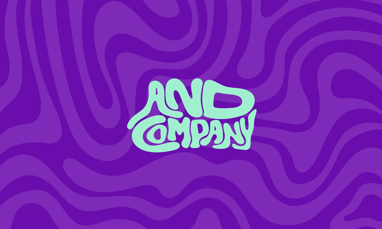And Company logo on a purple swirl pattern