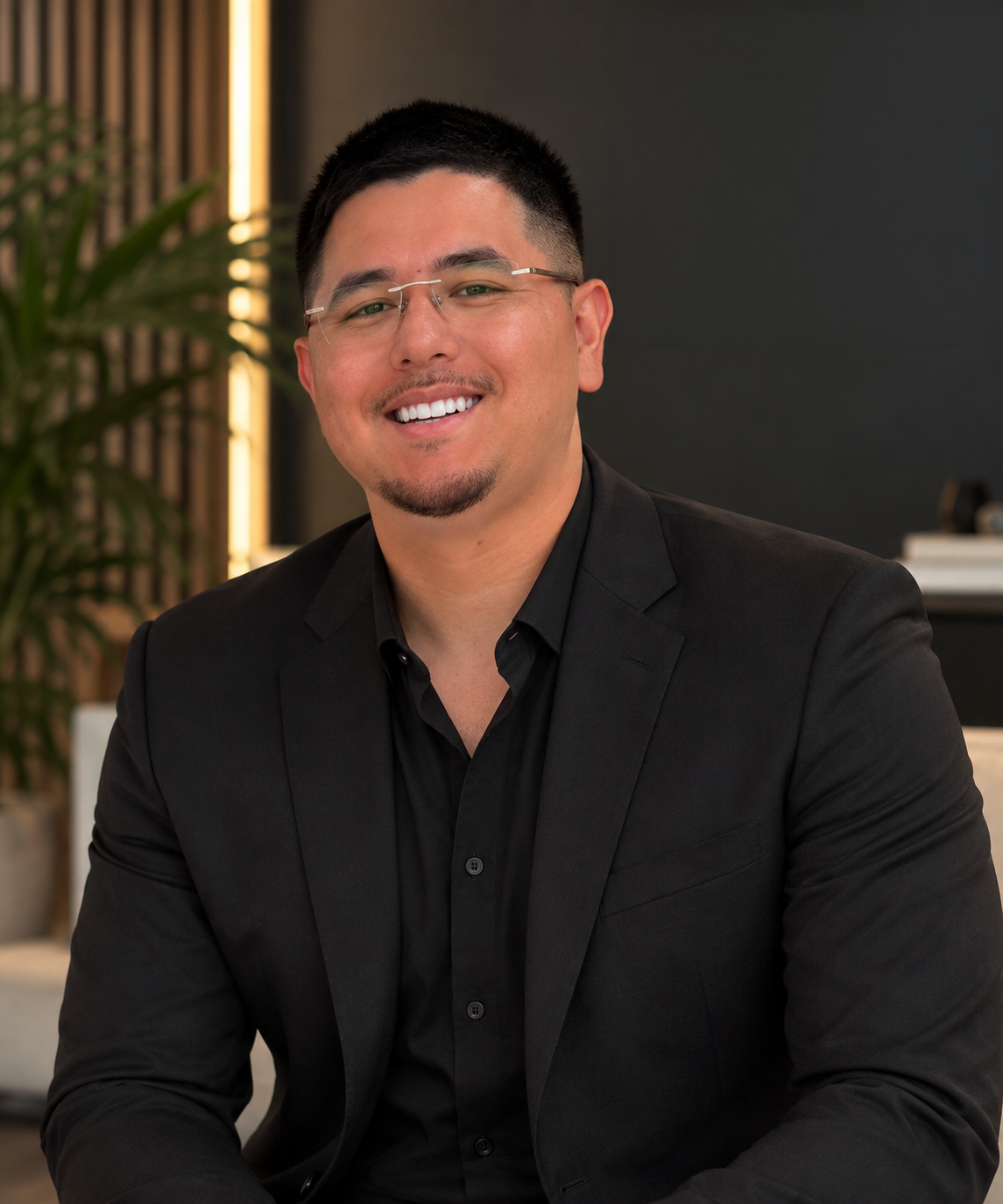 A smiling man with glasses and short black hair, wearing a black suit and shirt, sitting in a modern office setting with a plant and a dark wall in the background. Michael La Orlando Real estate photography