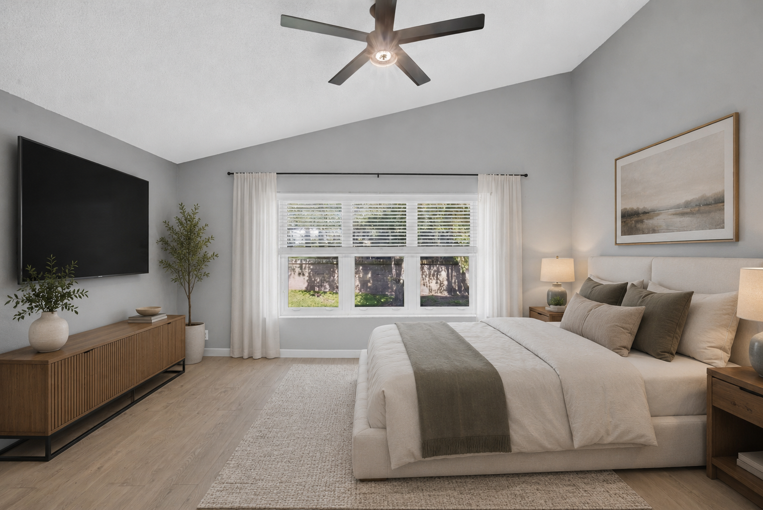 Luxury real estate photography of a modern bedroom in Orlando, Florida by Palm & Key Media