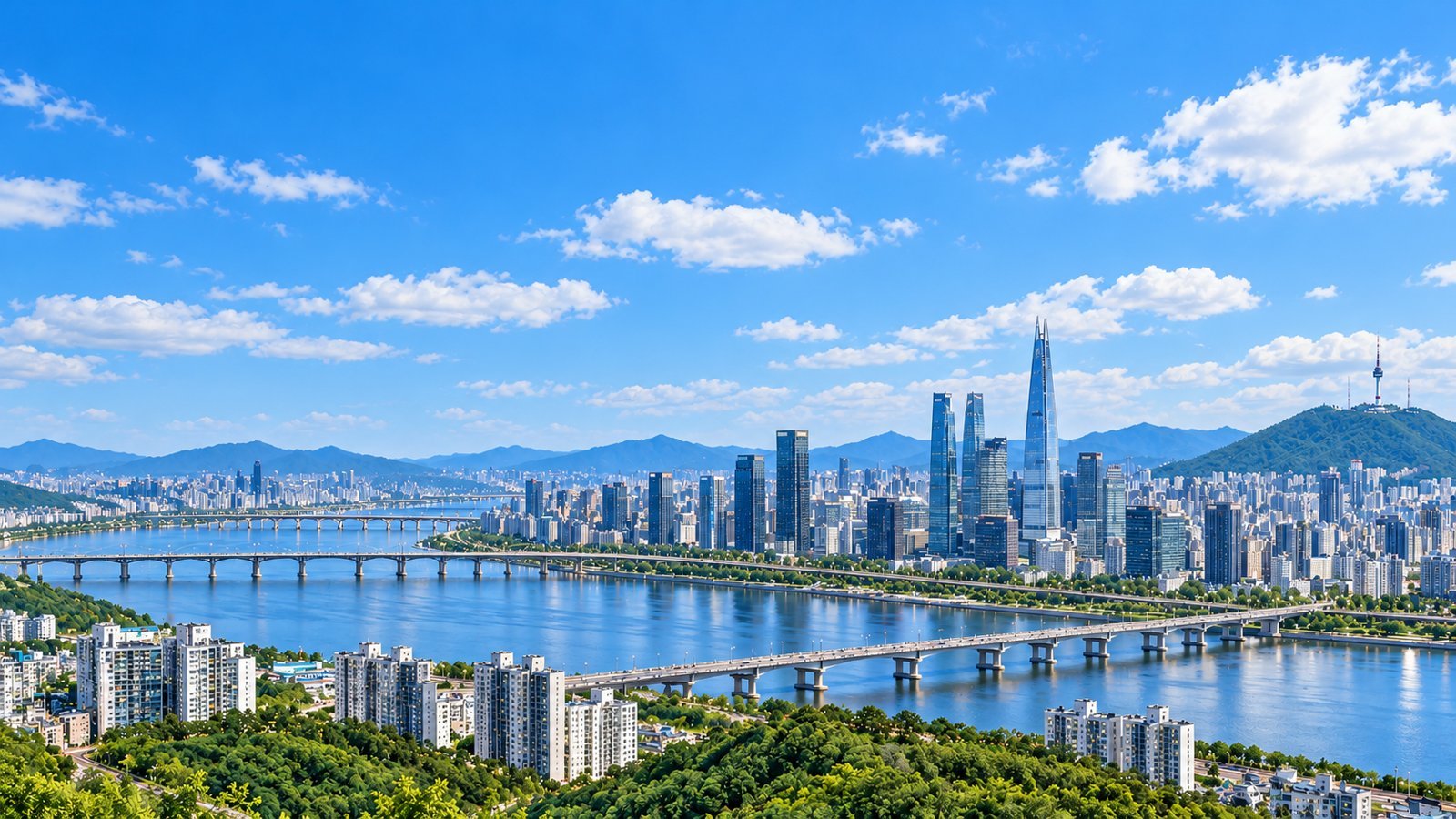 Seoul skyline and the Han River in South Korea