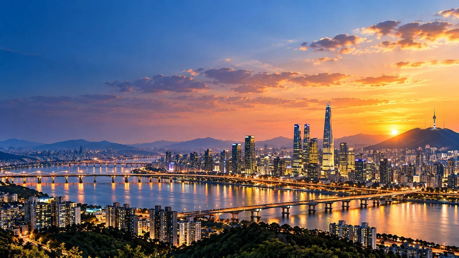 Seoul skyline at sunset in South Korea