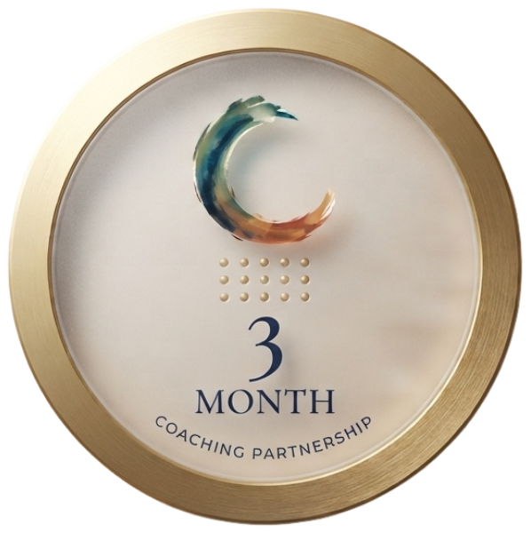 A round clock or sign with a gold border, featuring a watercolor crescent moon and the text '3 MONTH COACHING PARTNERSHIP'.