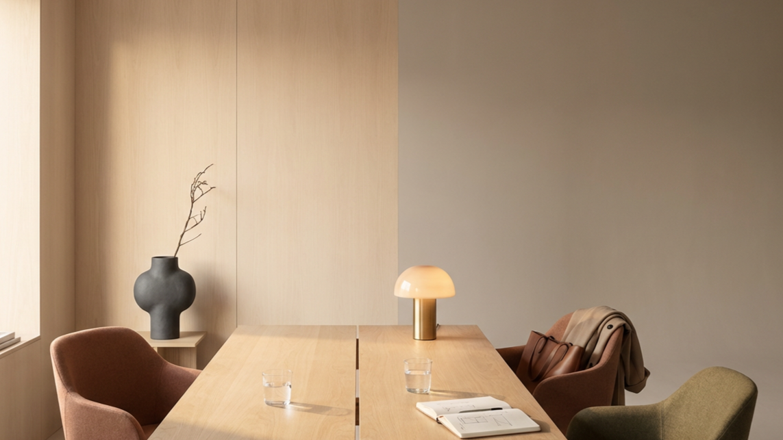 Minimalist dining or conference room with a wooden table, four chairs, a table lamp, glasses of water, a book, and a decorative vase with a branch, against beige and gray walls.
