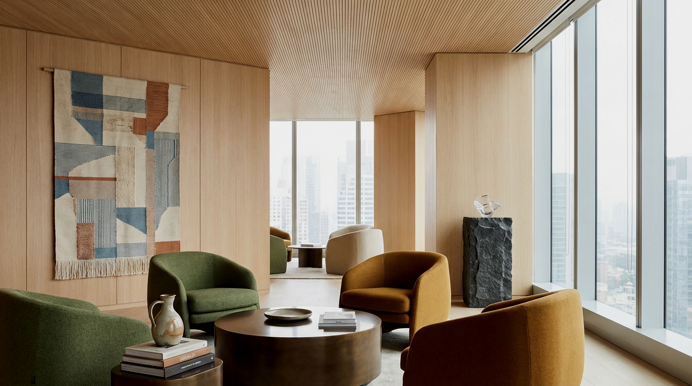 Modern sky lobby with large windows, colorful armchairs, a round coffee table, wall art, and cityscape view