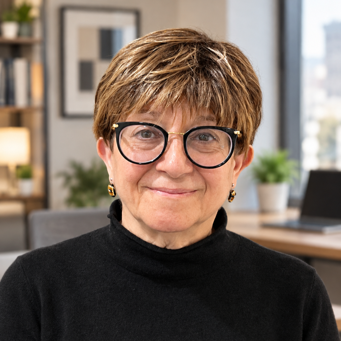 A woman with short brown hair, glasses, and earrings, smiling in an indoor office setting.